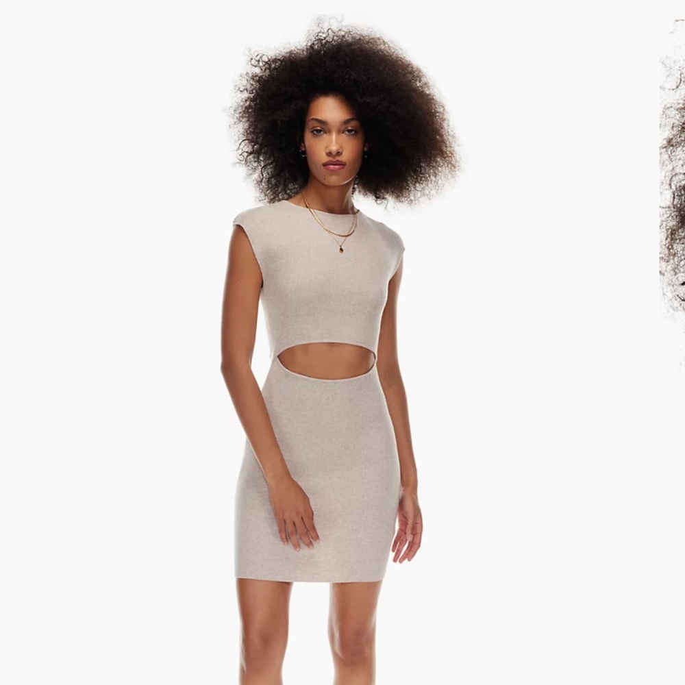 Aritzia Wilfred Cut-Out Knit Mini Dress in Heather Oatmeal